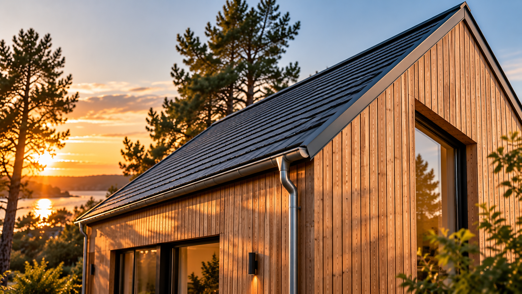 Træhus med træfacade og mørkt sadeltag